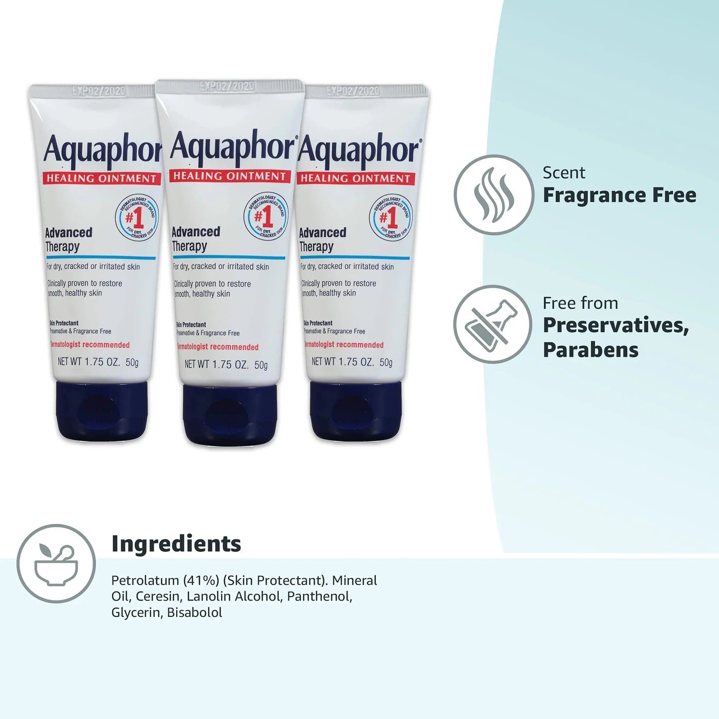 Aquaphor Healing Ointment Advanced Therapy Skin Protectant, Dry Skin Body Moisturizer, 1.75 Oz Tube, Pack of 3